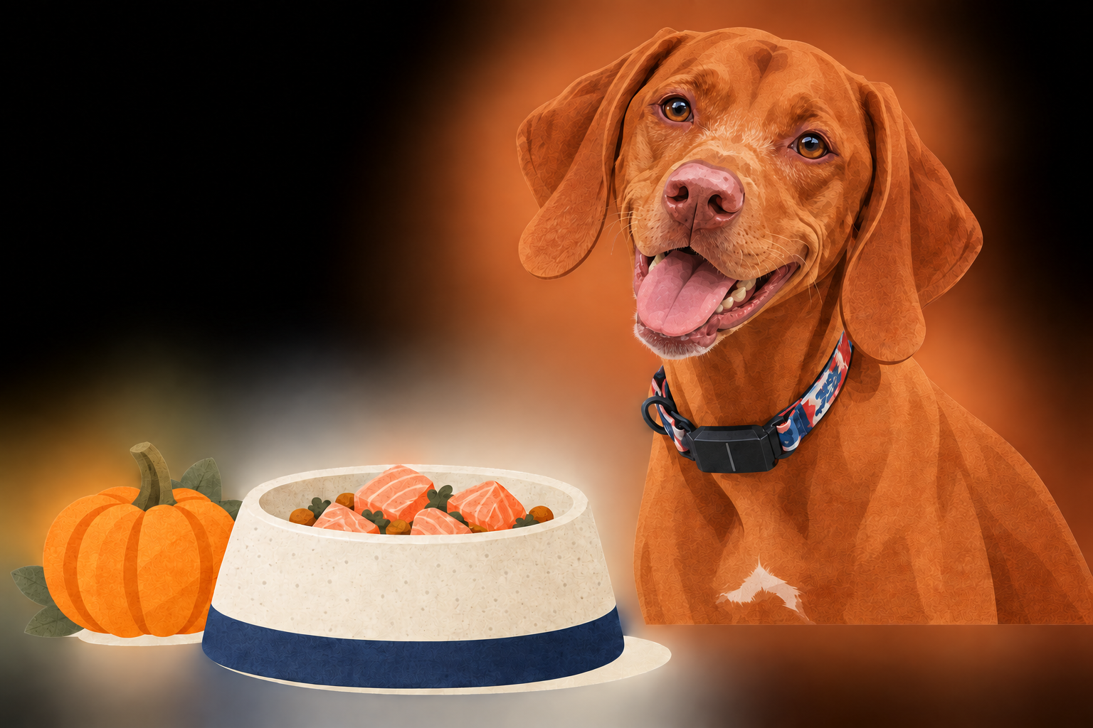 Illustration of Karen the Vizsla beside a bowl of salmon and pumpkin food